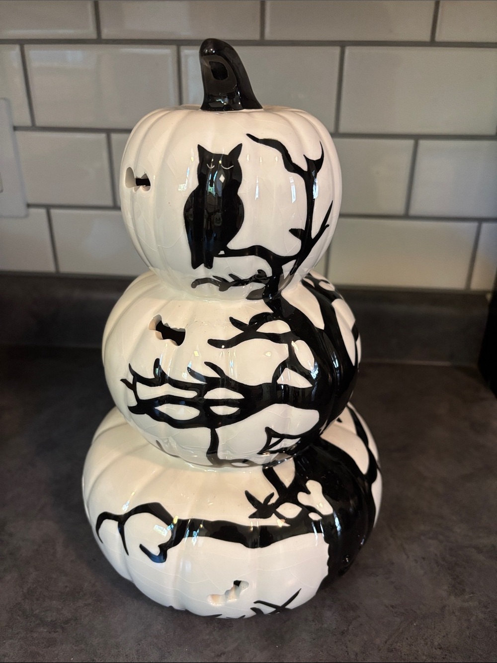 White and Black Ceramic Stacked Pumpkin Sculpture - Decorative Home Art